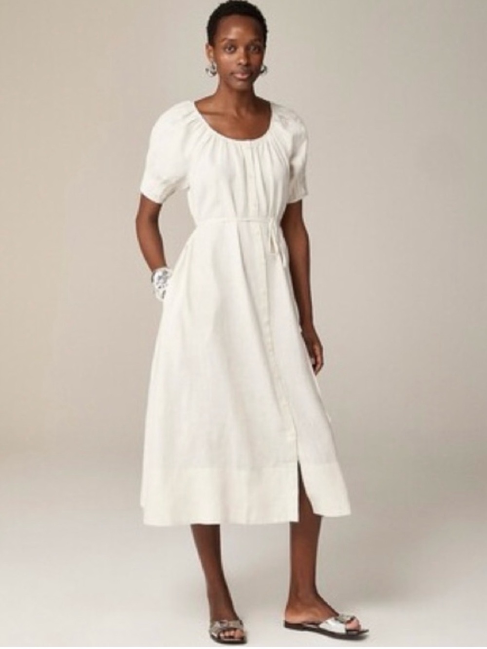 White Midi Puff-Sleeve Tie-Waist Dress